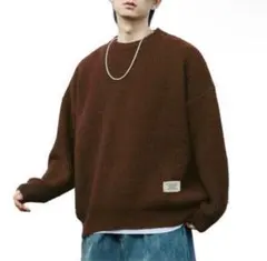 ニット　セーター　単品 長袖 【XL 】クルーネック　チョコレート色　メンズ