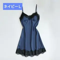 ベビードール＆Tバックショーツ♥サテン光沢♥ツルっとした肌触り♥r253紺L