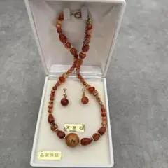 天然石 ネックレス イヤリング セット 赤系 箱付き