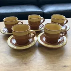 布志名焼 丸三陶器 湯町窯 昭和レトロ カップ&ソーサー ５客セット 飴色 陶器