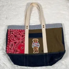 完売商品 ラルフローレン デニム ミニトート ポロベア ワッペン 刺繍 極美品 ポロラルフローレン ポロベア ミニトート ハンドバッグ デニム