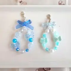 【No.100】たまごっち ビーズチャーム ストラップ 水色青リボン2コセット