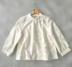 美品 sutseso 花柄刺繍 フリルネック ブラウス シャツ コットン 七分袖