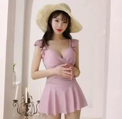 ワンピース水着　ピンク　体型カバー　海　プール　夏　フリル　ショーパン付き