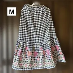 スカート 花柄 刺繍 ギンガムチェック/M