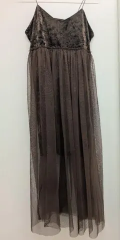 【値下げ】ブラウン ベルベット風 チュール ロングワンピース