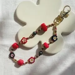 knot strap【レッド×フラワー】マルチストラップ　スマホストラップ