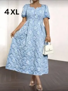 水色 花柄刺繍 ロングワンピース 半袖