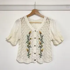 花柄 刺繍入り レース編み 半袖カーディガン アイボリー