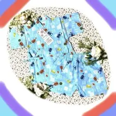 【新品タグ付】Bebeべべ男の子甚平90㎝水色　カブト虫＆スイカ柄　生地日本製