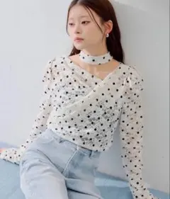 SALON by Chico チョーカー付きフロッキードットレーストップス 新品 