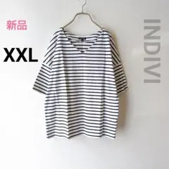 新品 INDIVI/インディヴィ Vネックカットソー ボーダー柄 大きいサイズのサムネイル