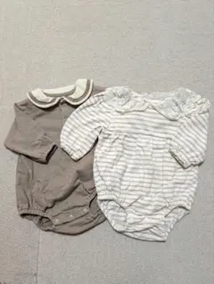 ブラウン・ストライプロンパース 70cm 2点セット