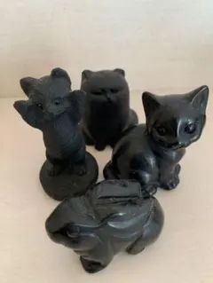 黒曜石 オブシディア 猫 うさぎ 置物セット