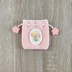【No.3】かぎ編み、ポーチ、ミニ巾着、巾着袋、ハンドメイド、ピンクチューリップ