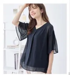 インナー付フレアー袖タックブラウス ネイビー M