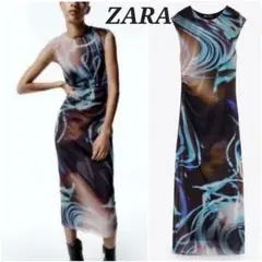 未使用【ZARA】プリントチュールドレス　マーブル　タイダイ　シアー　マキシ丈