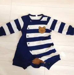 クマ刺繍付きロンパース 70cm ネイビーボーダー