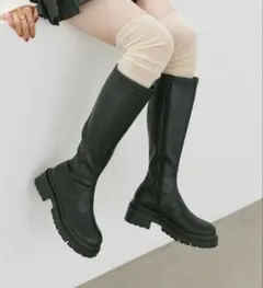 ブラックロングブーツ 厚底 Heather