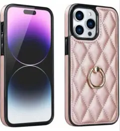 iPhone14plusレザーケース　キルティング　ピンク　リング　フィルム付き