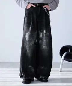 【Spielio】ヴィンテージライク箔プリントワイドデニムパンツ