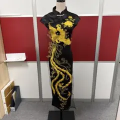 鳳凰刺繍 チャイナドレス 半袖 ブラック