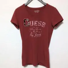 GUESS 半袖Tシャツ ロゴ ビジュー パール ボルドー 赤 US M 未使用のサムネイル