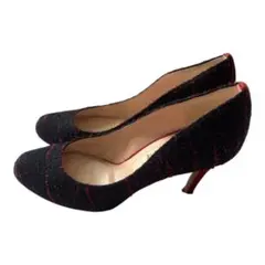 美品❣️ツイード パンプス ブラック×レッド ポインテッドトゥ 22.0cm