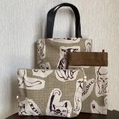 ハンドメイド　ミニバッグ　ポーチ　スマホショルダーバッグ　猫柄　茶色　3点セット