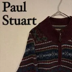【美品】Paul Stuart フェアアイル 総柄 ウール ハーフジップ ニット