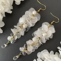 ハンドメイド　藤の花のピアス　白　本物の紫陽花使用　大ぶり　ロング