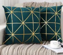 クッションカバー　2枚セット　ダークグリーン 幾何学模様