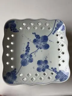 有田焼　染付 網目透かし ぶどう柄 菓子鉢 皿 和食器　角皿　23cm