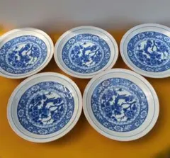 青い鳥と花柄の中皿 5枚セット