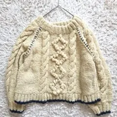 Wool100%ハンドニット　クリーム色 ケーブルニットセーター 定価19000