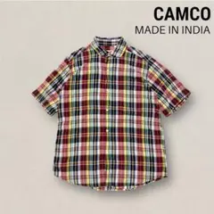 美品 CAMCO チェックシャツ インド製 S 丸襟 インド製 半袖 カムコ