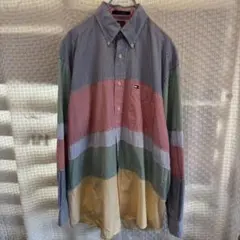 90sTOMMY HILFIGER クレイジーパターン ストライプ長袖シャツ Lのサムネイル