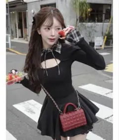 Darich チェックカフスリブニットトップス ブラック