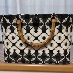 プラカゴバッグ　ppバンドカゴバッグ 少し大きめ　バンブー風持ち手