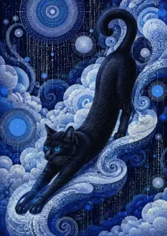 伸びをする黒猫と雲 青の点描 アートポスター インテリア 絵画 壁掛け おしゃれ