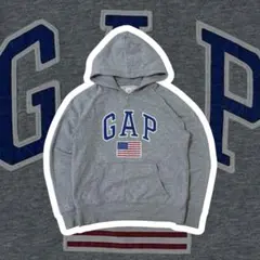 00s OLD GAP アメリカ国旗 ロゴ 短丈 グレー パーカー y2k S