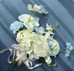 ホワイトブルー造花花束・造花ブーケ ・前撮りウェディングブーケ・ブートニア付き