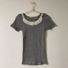 ルラシェ★2着トーションレースフリル襟ボーダーTシャツカットソーのサムネイル