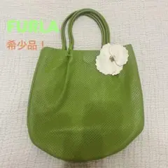 【希少！美品】FURLA フルラ グリーン 本革 トートバッグ 花モチーフ付き