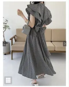 ギンガムチェック柄Vネックフリルフレアワンピース [ta050]