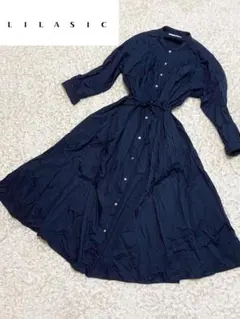 リラシク ベルト付き ロングシャツワンピース Mサイズ ネイビー シェルボタン