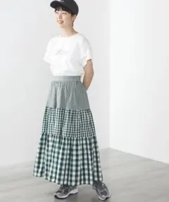 BEAMSHEART 緑系チェック柄フレアロングスカート