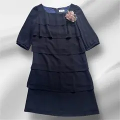 極美品アンフィニ ティアード ワンピース 大きめ11号 L ミディ丈 紺