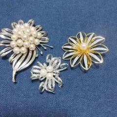 花デザイン ブローチセット 3点　パール　シルバー