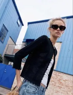ZARA クロシェ編み 長袖カーディガン ブラック